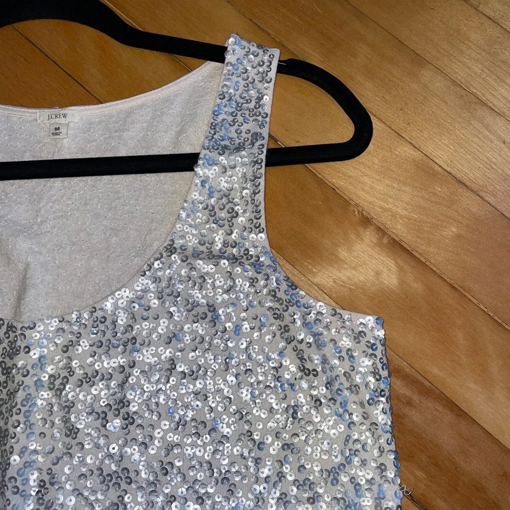 J. Crew Sequin Tank Top Sparkle Party Festive Linen Blend Silver Cream M…